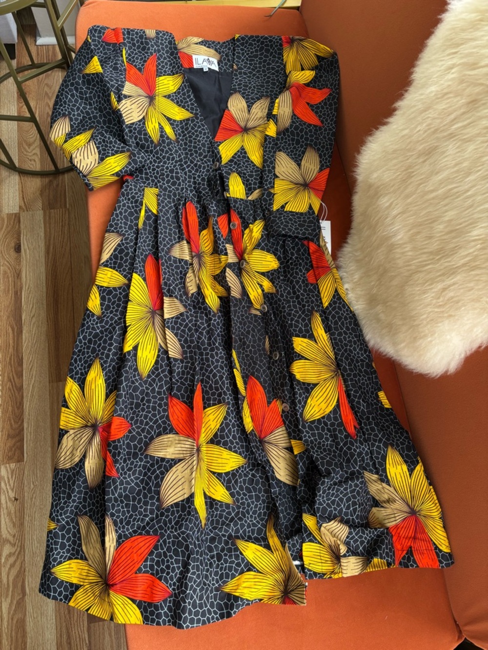 Vibrant Floral Fit-and-Flare Dress in Black, Yellow & Red. Fair Trade.